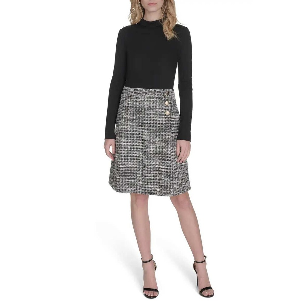 Eliza J Mock Neck Long Sleeve Mixed Media Dress 16 Tweed Skirt Black Preppy Work